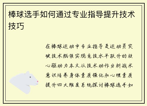 棒球选手如何通过专业指导提升技术技巧